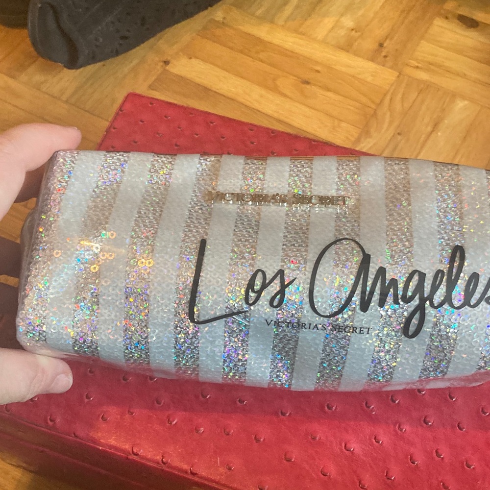Victoria's Secret Glitter Stripe Cosmetic Pouch - Silver & White
